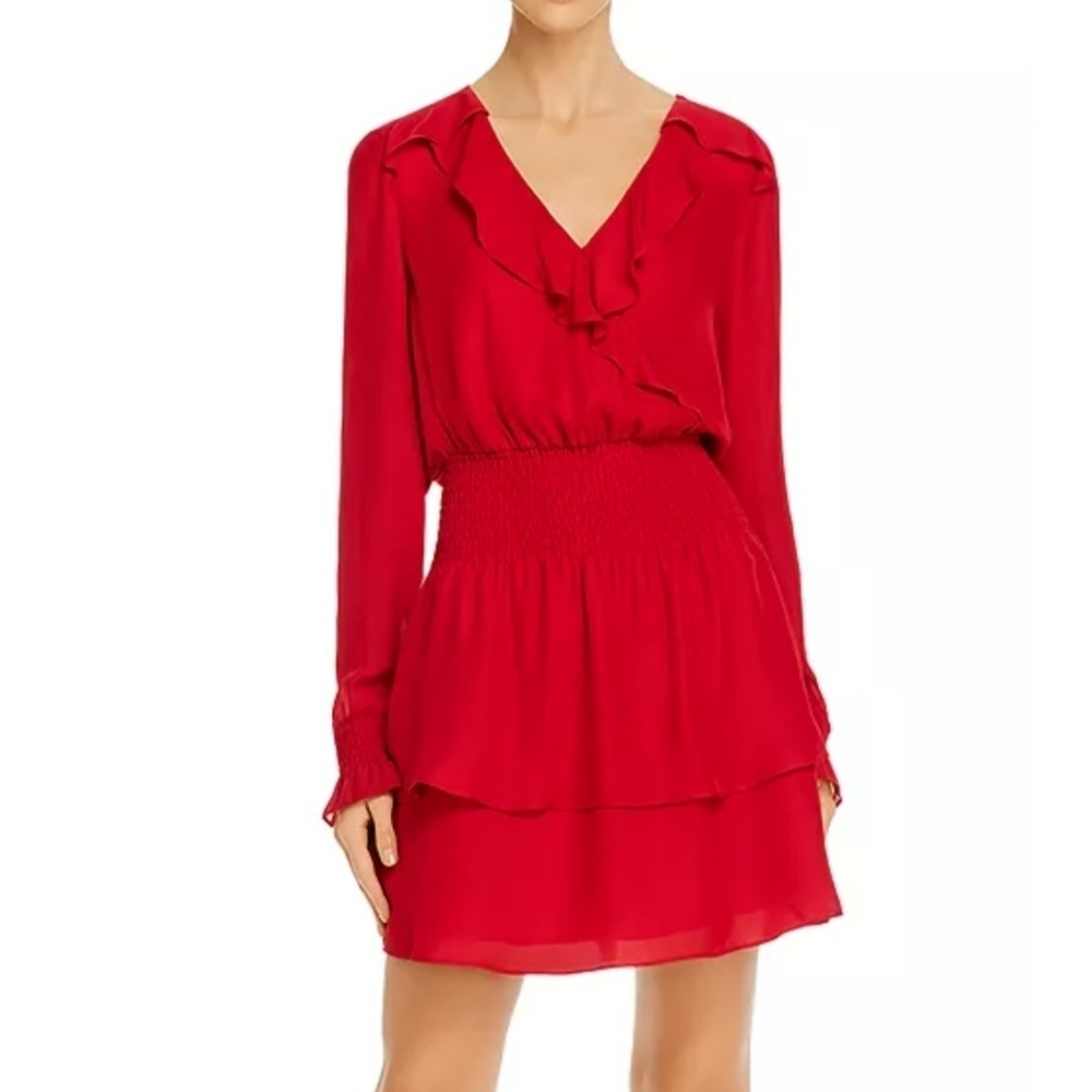 $378 Parker Maisy Smocked V Neck Tiered Hem Dress Ruby Red Size Small